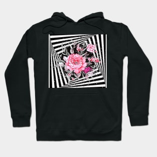 Pink Flowers ,Silver Leaves in Black and White Illusion Hoodie